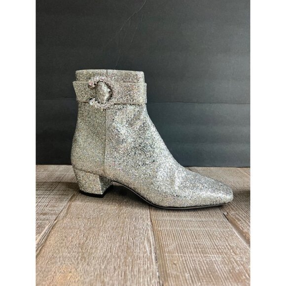 Jimmy Choo Platinum Crystal Myan 45mm Glittered Leather Ankle Boots Size 36.5 - Picture 2 of 12